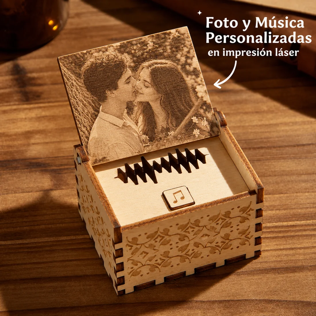 Caja de madera con foto grabada en la tapa interior y botón de música
